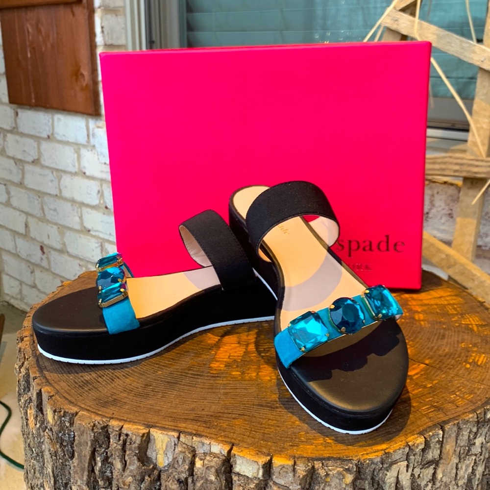 NIB Kate Spade Taylor Black & Turquoise Suede Sandals sz 8M